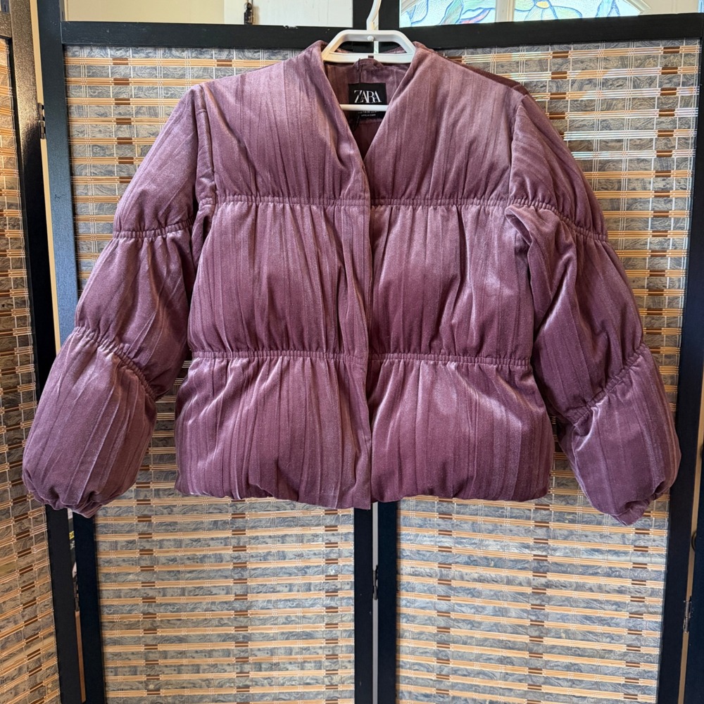 Zara Puffer Jacket Kids Size 13-14 Mauve Purple Velvet Quilted Padded Coat